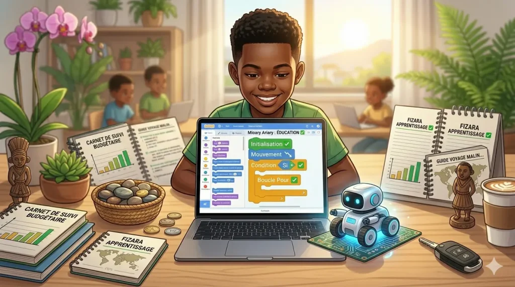Enfant du primaire apprenant le coding avec ordinateur, robot éducatif et blocs de programmation Scratch