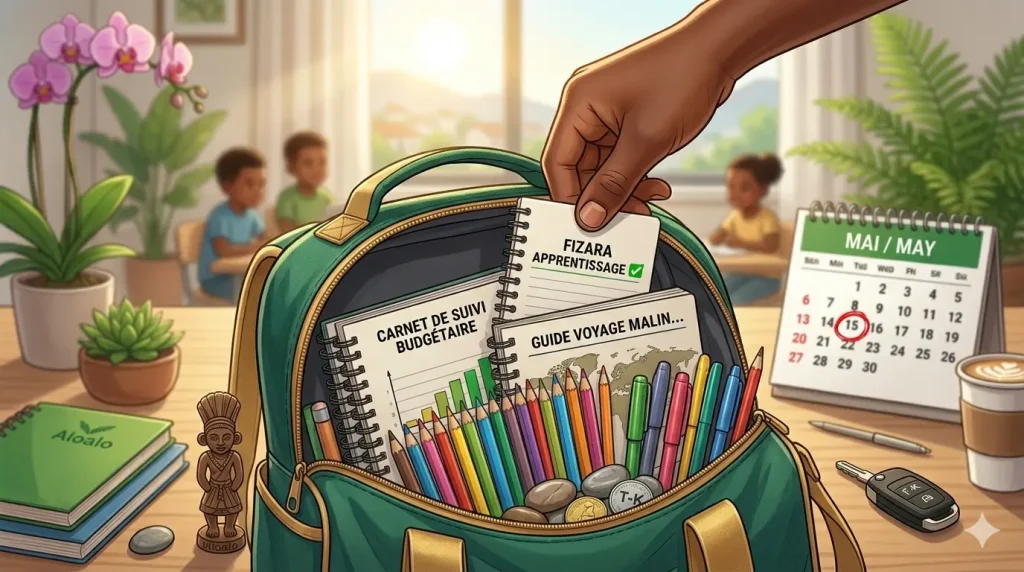 Sac à dos d'écolier préparé avec fournitures scolaires, calendrier et liste de rentrée