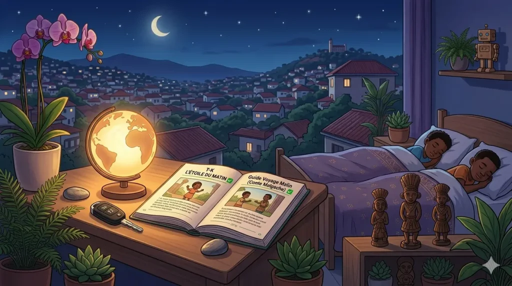 Illustration sommeil enfant : chambre nocturne apaisante avec lune, étoile, livre et veilleuse pour un endormissement serein